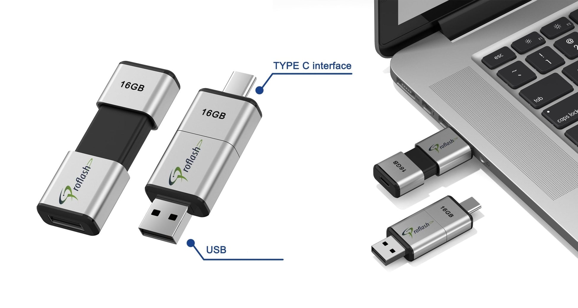 21470 Proflash USB Flash Drive 16 GB Dual USB 2 in 1 USB - A to Type - C - Proflash
