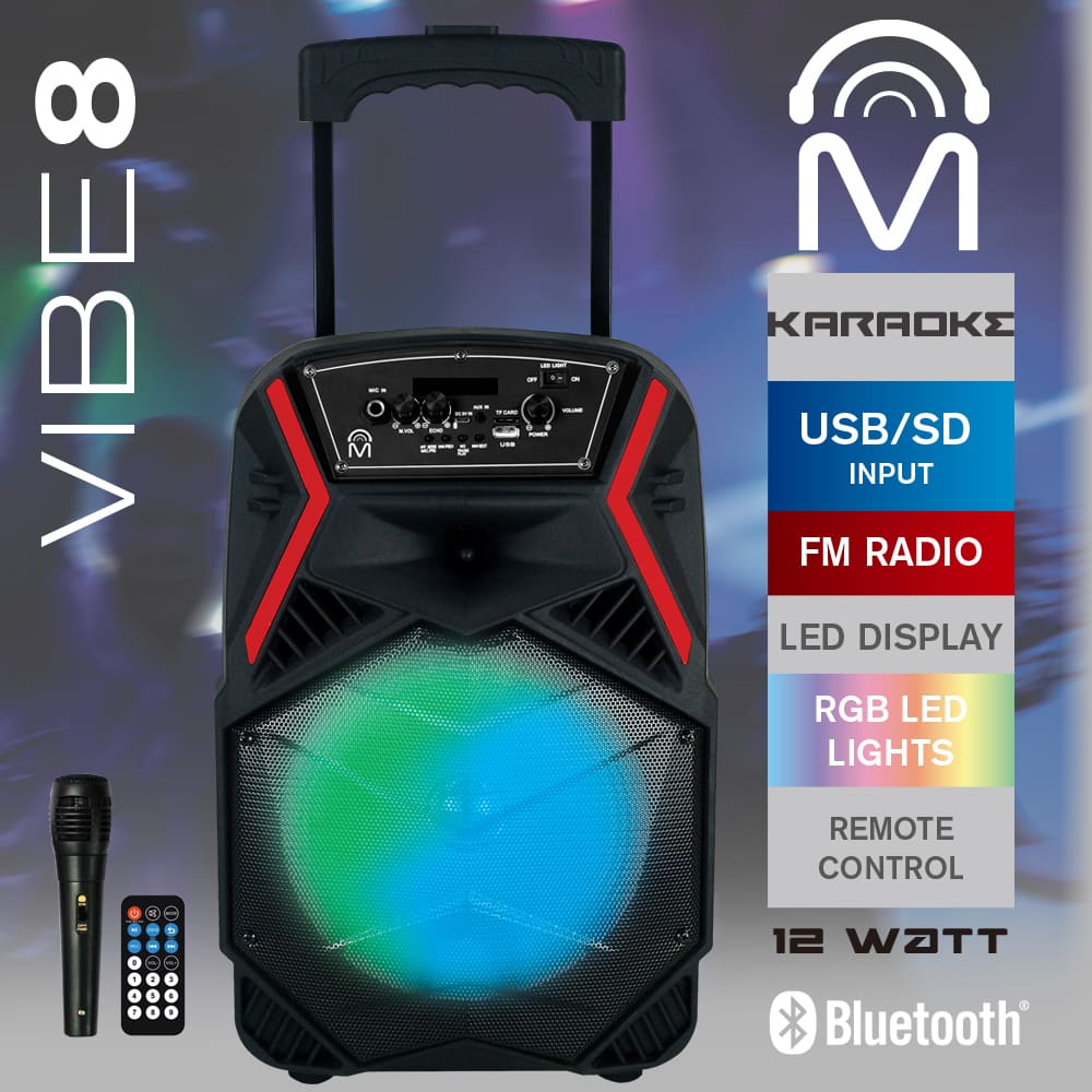 VIBE 8 TWS Bluetooth 5.0 True Wireless LED Color Display Party Karaoke Portable Speaker Trolley 8” - Black & Red 23844