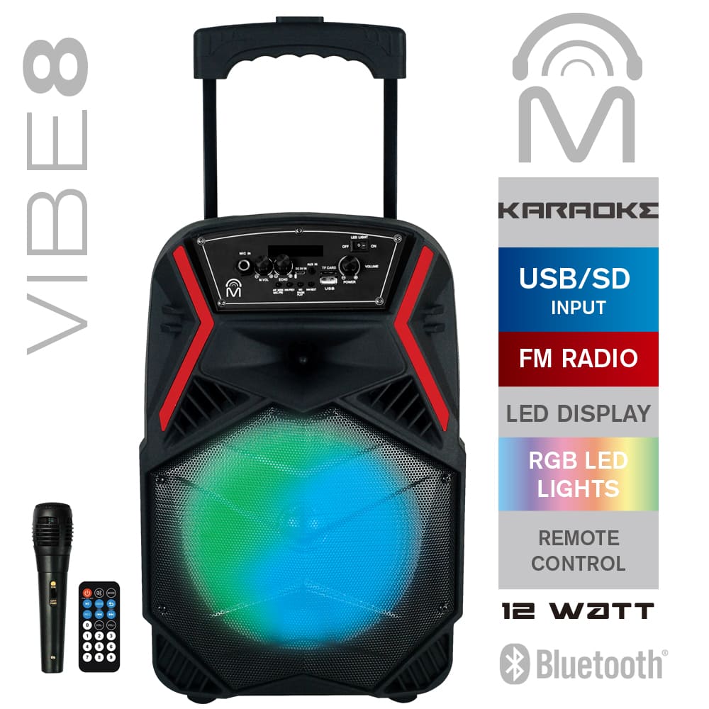 VIBE 8 TWS Bluetooth 5.0 True Wireless LED Color Display Party Karaoke Portable Speaker Trolley 8” - Black & Red 23844