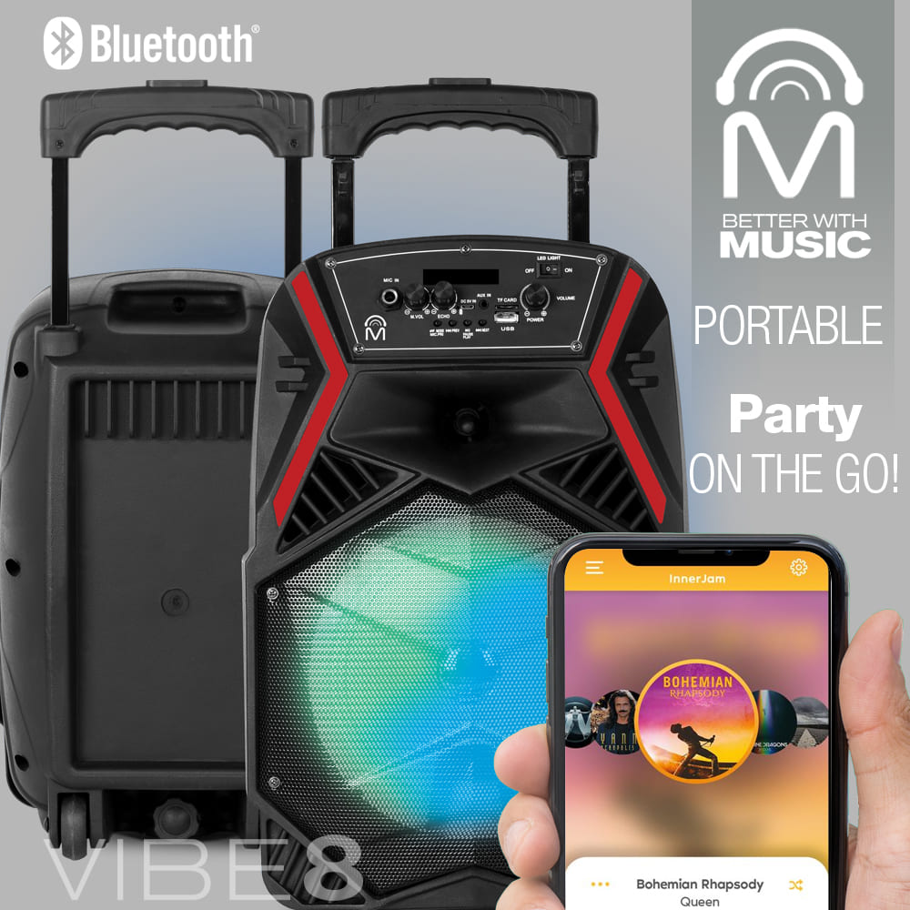 VIBE 8 TWS Bluetooth 5.0 True Wireless LED Color Display Party Karaoke Portable Speaker Trolley 8” - Black & Red 23844