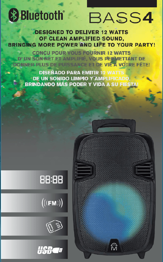 BASS 4 TWS Bluetooth 5.0 True Wireless LED Color Display Party Karaoke Portable Speaker Trolley 12” - Black 24278