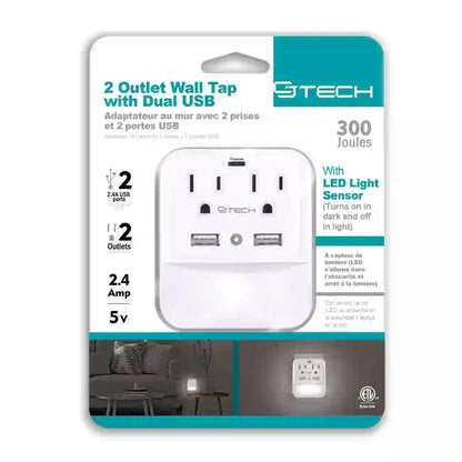 CJ Tech 2 Outlet Wall Tap With Dual USB Built in Nightlight, With Light Sensor  /  53387
