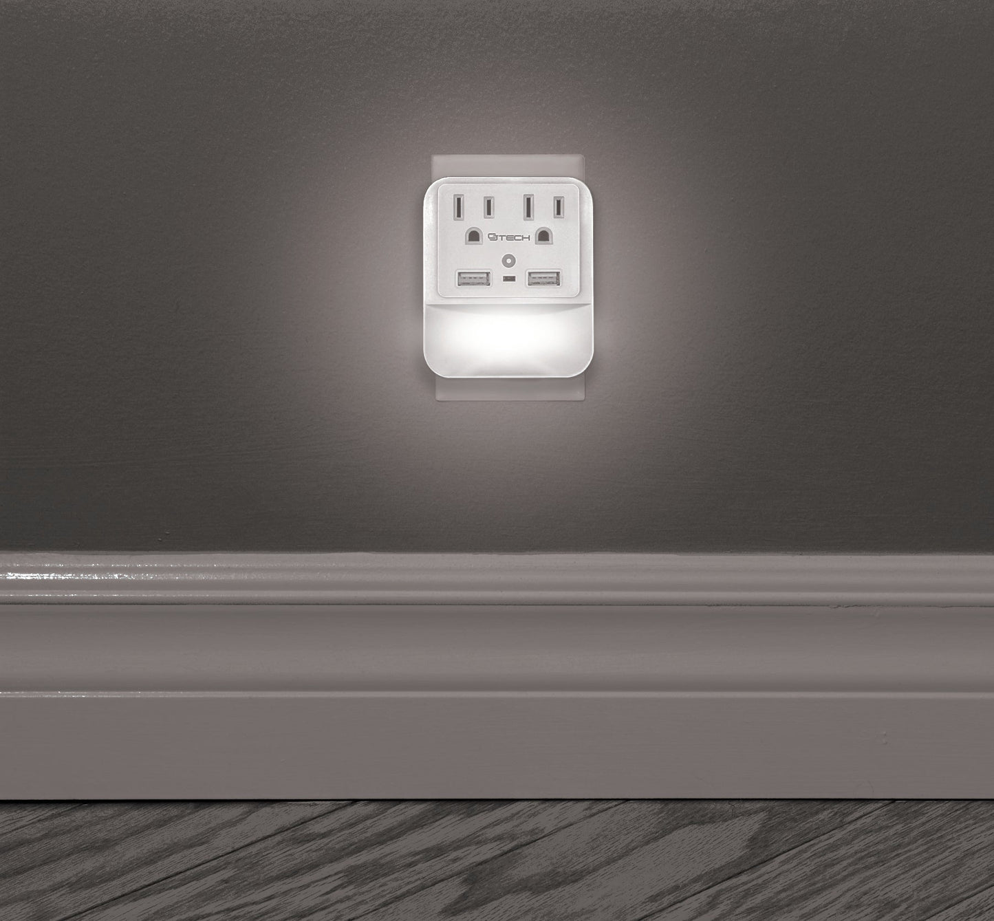 53387 CJ Tech 2 Outlet Wall Tap With Dual USB Built in Nightlight, With Light Sensor - Proflash