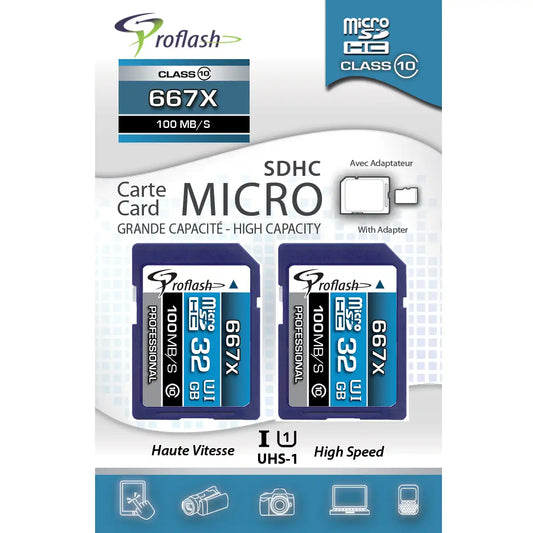 Proflash Memory Card Micro-SDHC 32GB 2 Pack  Class 10 UHS-I U1 100 MB/s With Adapter  /  8006