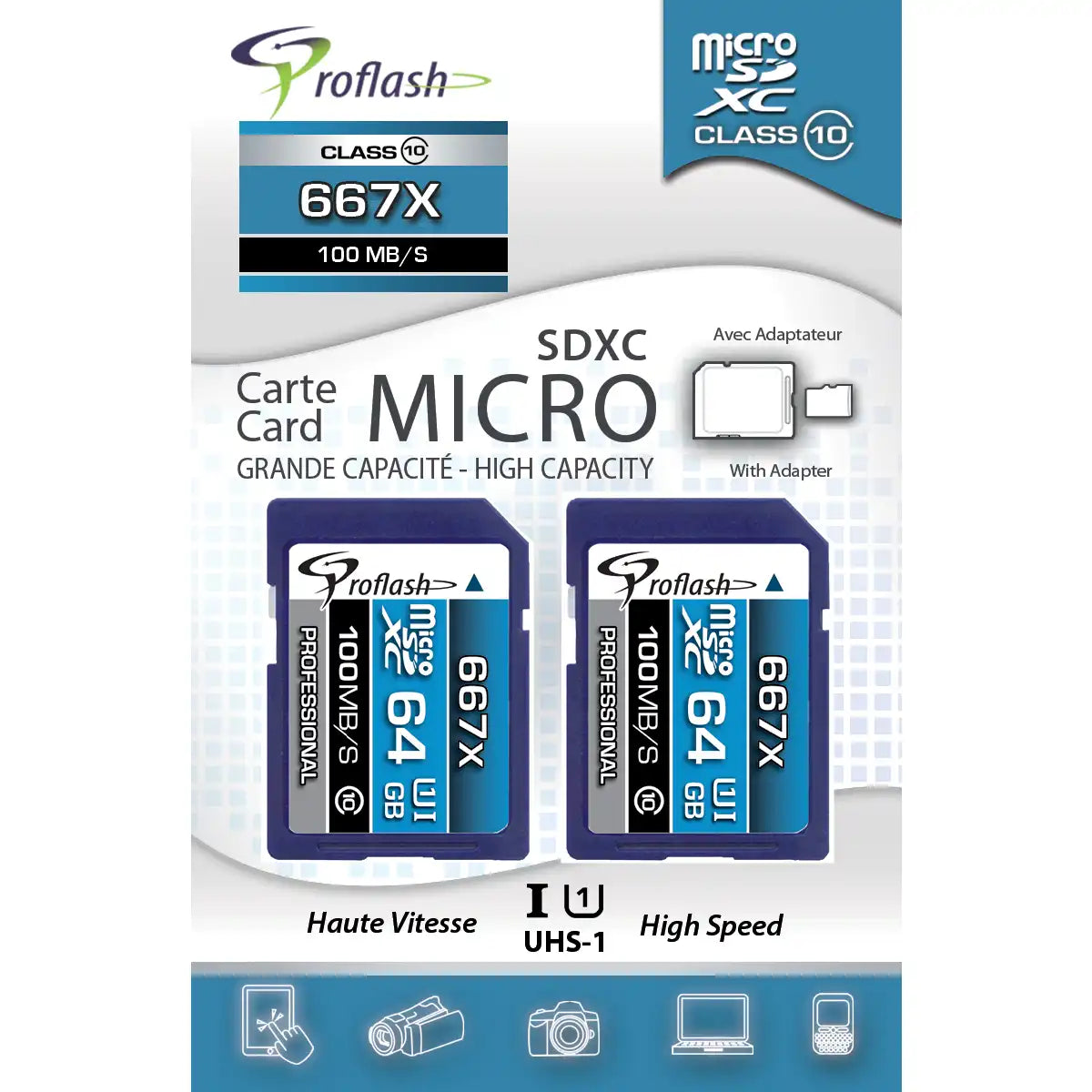 Proflash Memory Card Micro-SDXC 64GB 2 Pack  Class 10 UHS-I U1 100 MB/s With Adapter  /  8008