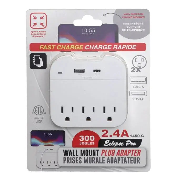 3-Outlet Wall Adapter with USB/USB-C Ports and Phone Holder