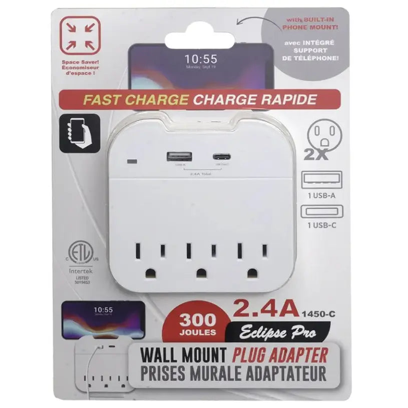 3-Outlet Wall Adapter with USB/USB-C Ports and Phone Holder
