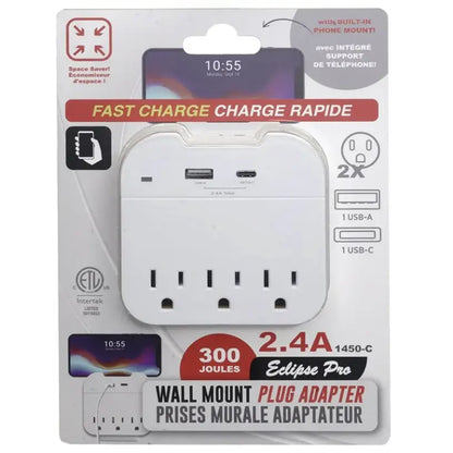 3-Outlet Wall Adapter with USB/USB-C Ports and Phone Holder