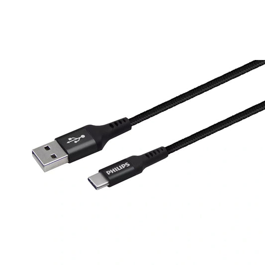 Philips Fast Charging Cable, USB-A to USB Type C, 3.94 feet (1.2 meters) in length, Black color.