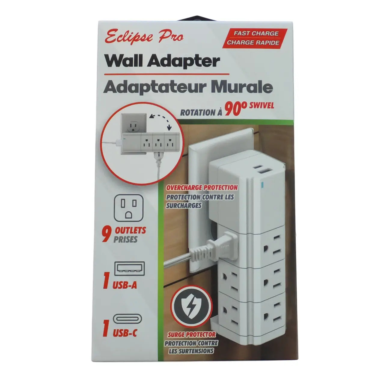 Eclipse Pro 9-Outlet Wall Adapter Surge Protector with USB-A + USB-C – 90° Swivel – Fast Charge