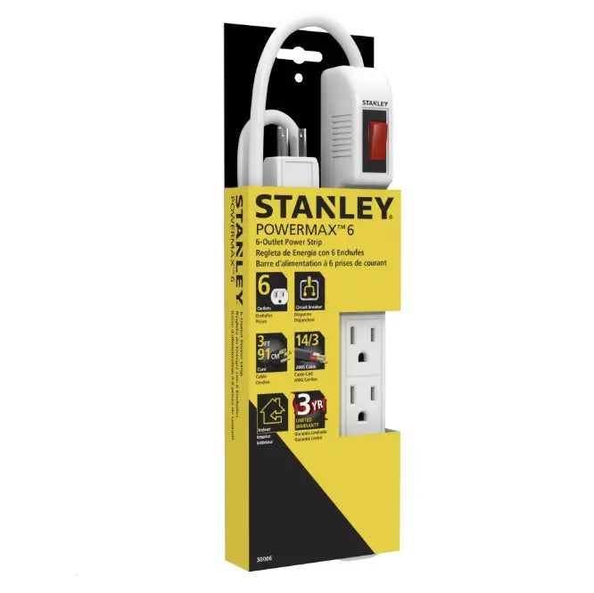 STANLEY POWERMAX 6-Outlet Power Strip with Circuit Breaker – 3 ft (91 cm) Cord – 14/3 AWG – White