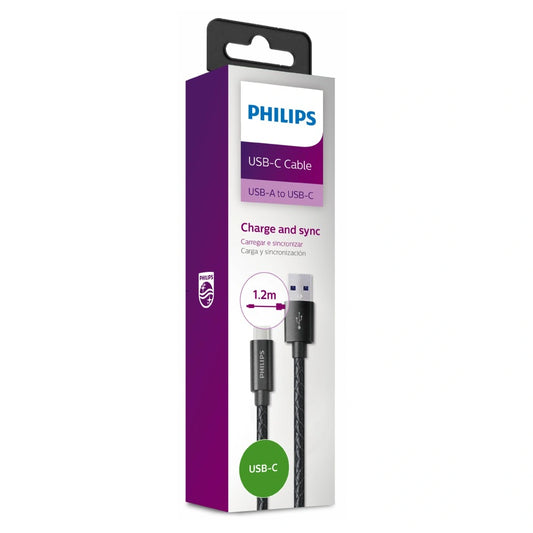 Philips Fast Charging Cable, USB-A to USB Type C, 3.94 feet (1.2 meters) in length, Black color.