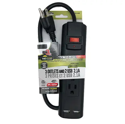 3-Outlet Surge Protector Power Bar with 2 USB Ports (2.1A) – On/Off Switch – 1430 Joules