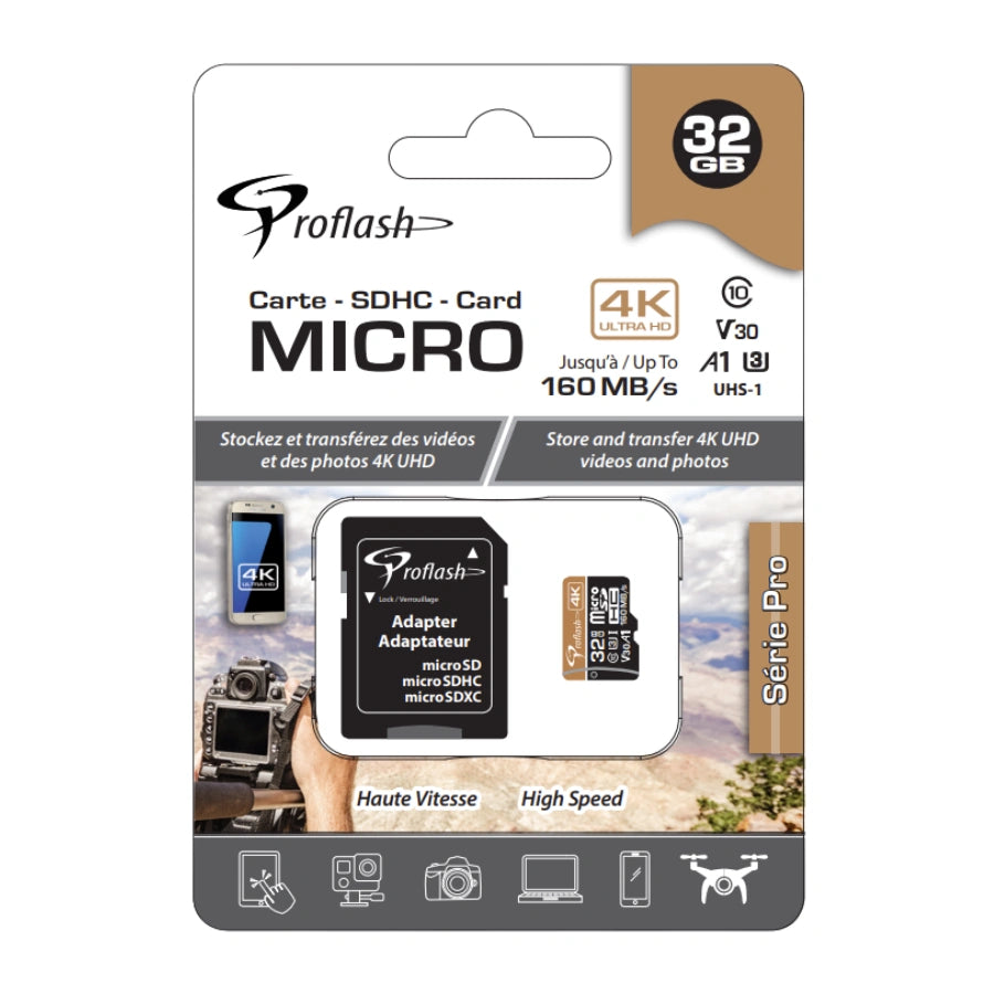 Carte mémoire microSDXC ProFlash 32 Go, compatible 4K Ultra HD, classe 10 UHS-I V30 A1, transfert haute vitesse 160 Mo/s, avec adaptateur SD.