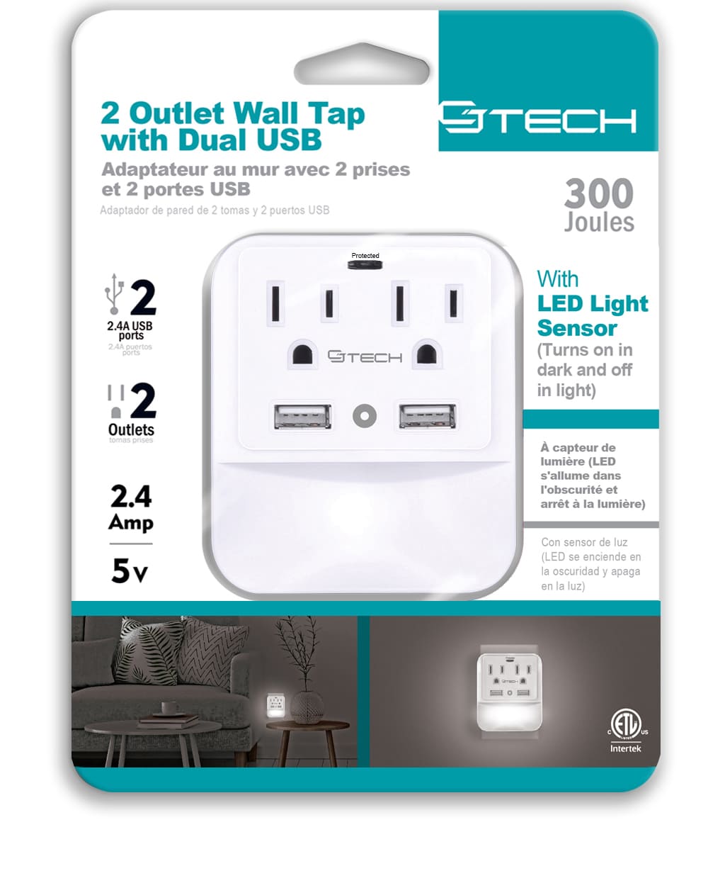 CJ Tech 2 Outlet Wall Tap With Dual USB Built in Nightlight, With Light Sensor / 53387 - Proflash