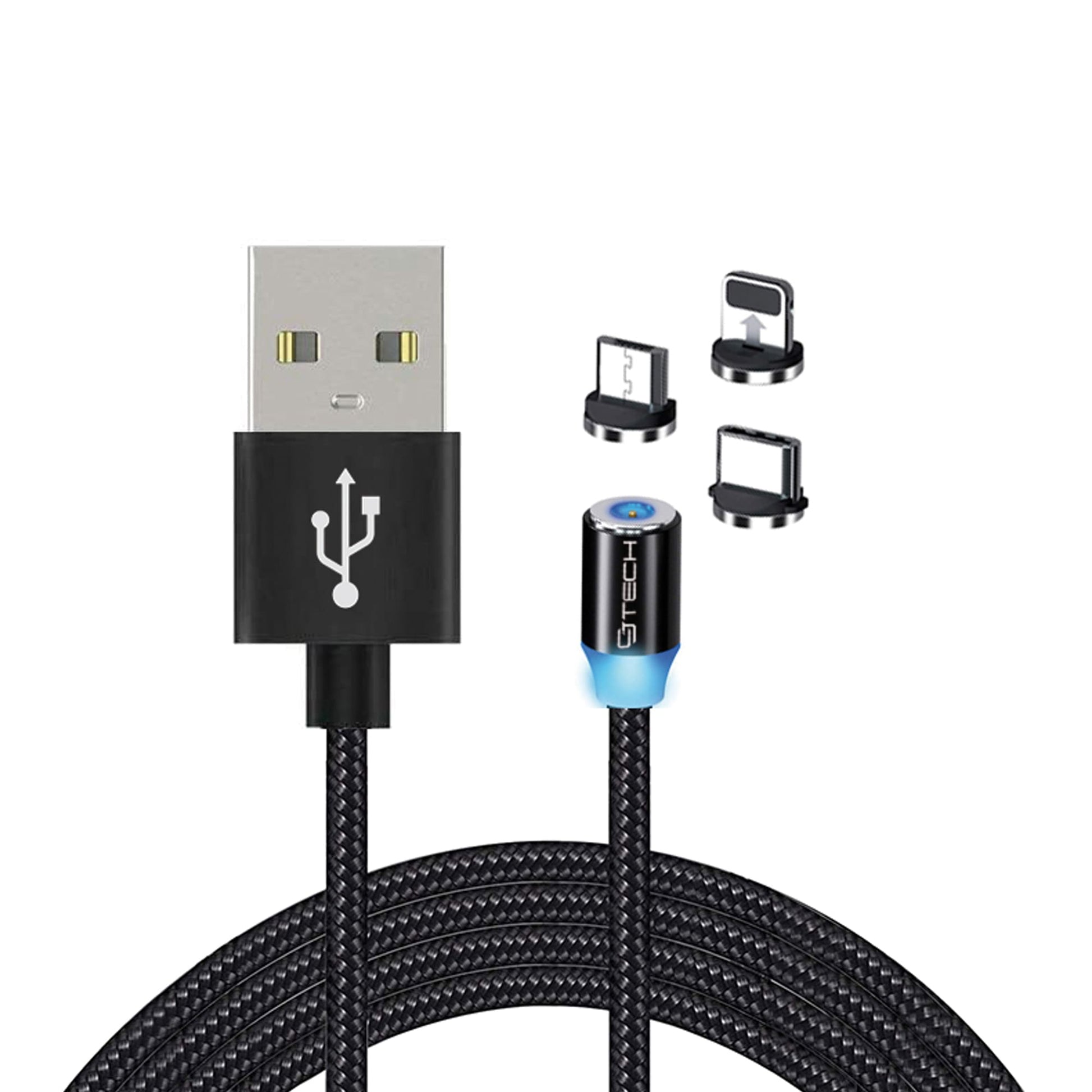 CJ Tech Magnetic USB Charging 6FT Black Cable with LED Multi 3 - in - 1 Cable Charger for Micro USB - Type C - Lightning - Proflash