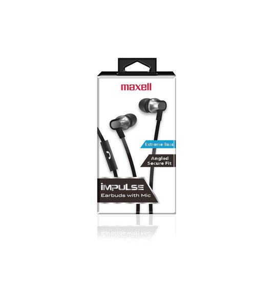Maxell 197403 Impulse Earbuds with Angled Earpiece and Microphone – Black – Comfort and Quality for Everyday Listening - Proflash
