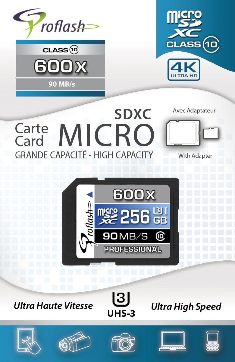 Memory Card Micro - SDXC 256GB Class 10 UHS - I U3 4K With Adapter - Proflash