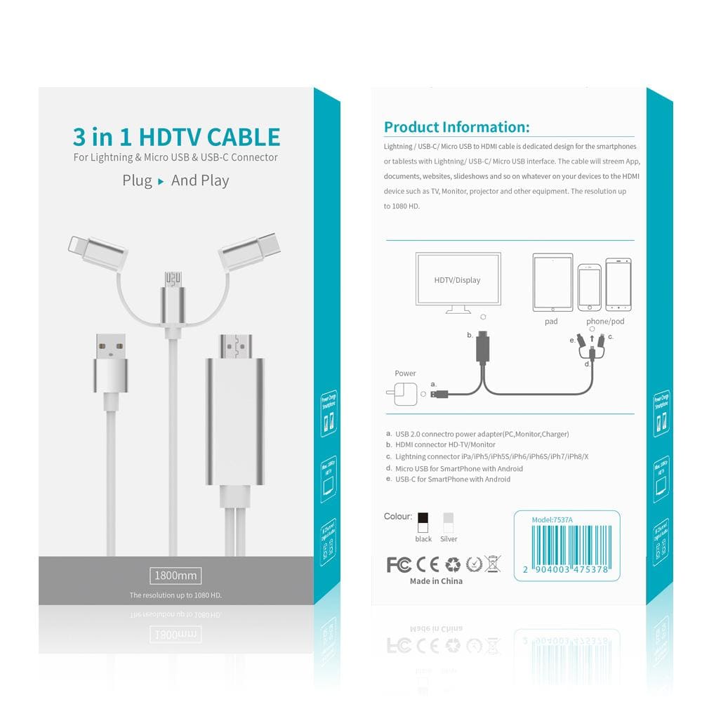 OT - 7537A Onten 3 in 1 HDMI Cable for USB - C, Lightning, Micro USB 1.8M – Multifunction Cable - Proflash