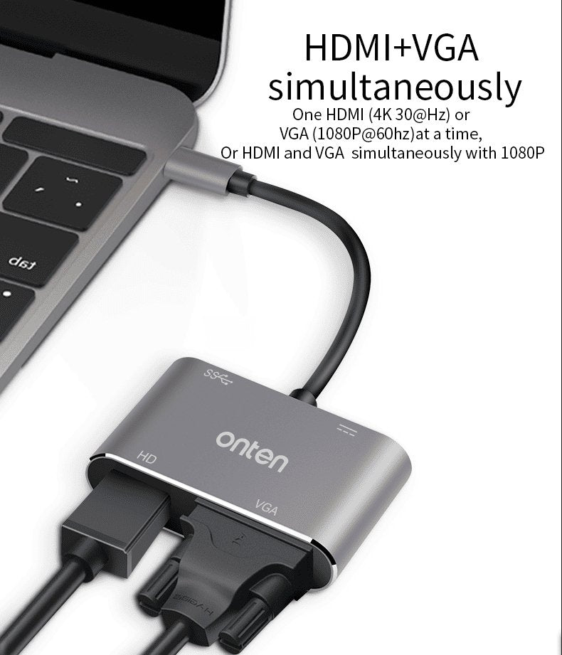 OT - 95112 Onten Hub Adapter Converter 5 in 1 Portable Type C to HDMI+VGA+USB3.0+PD - Proflash