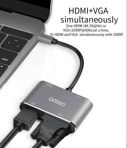 OT - 95112 Onten Hub Adapter Converter 5 in 1 Portable Type C to HDMI+VGA+USB3.0+PD - Proflash