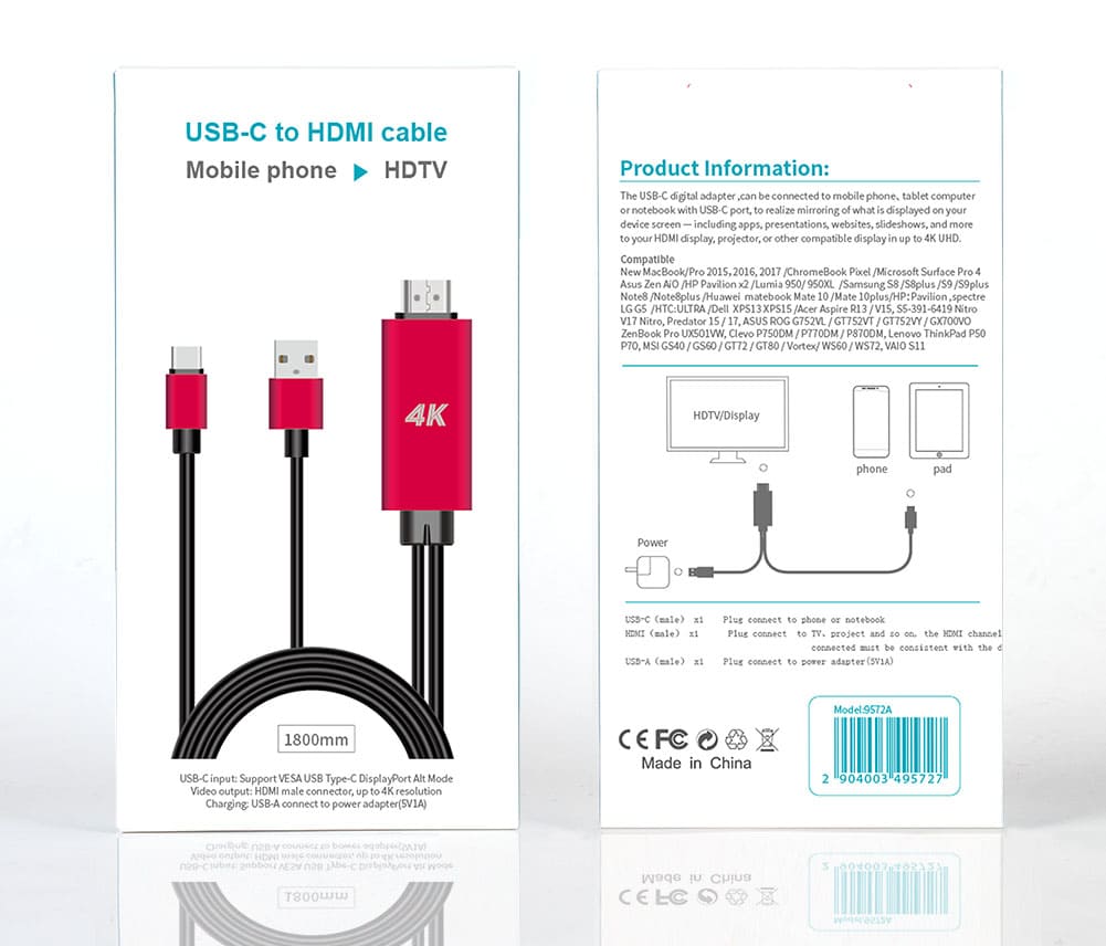 OT - 9572A Onten 4K USB - C to HDMI Cable Adapter Red 1.8M - Proflash