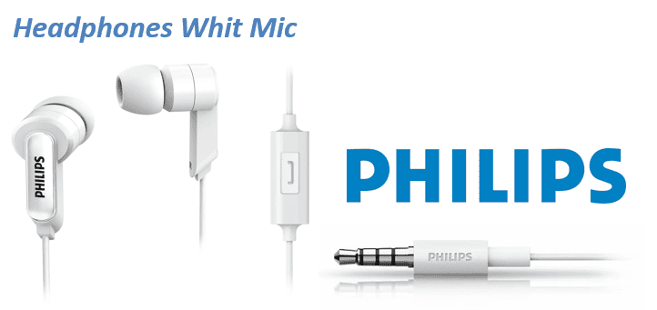 Philips 1405WH - 27 in - Ear Wired Headphones with Mic (White) 3 interchangeable rubber ear caps - Proflash