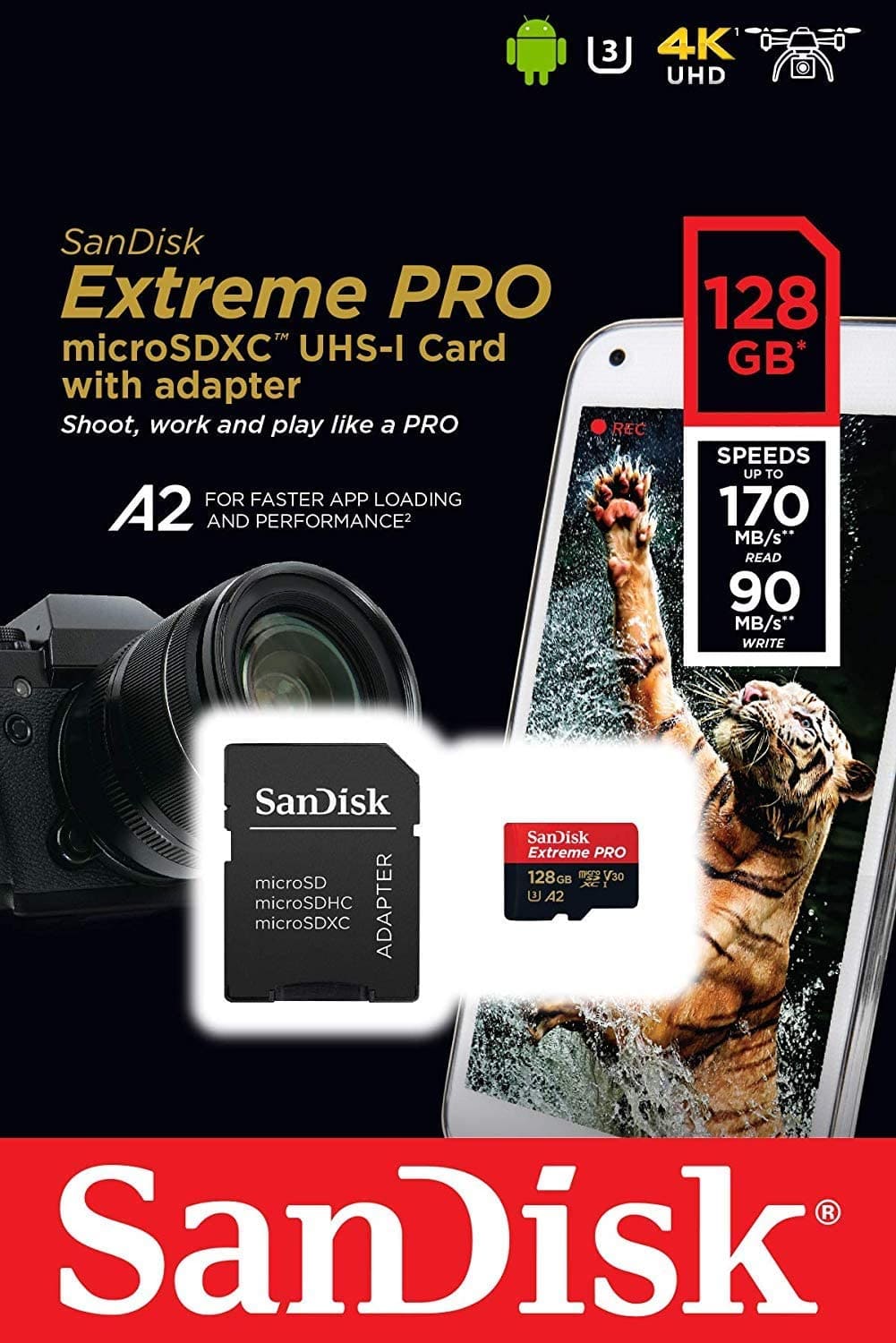 SanDisk Extreme PRO Micro SDXC Card with SD Adapter, 128GB, USH - I, Class 10, Read: 170MB/s, Write: 90MB/ - Proflash