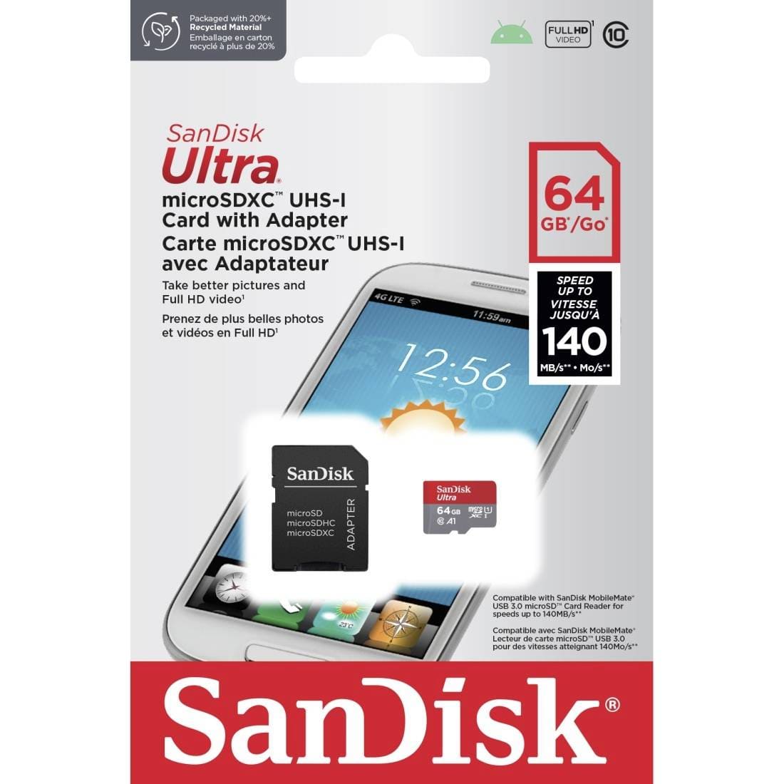 SanDisk Ultra Micro SDXC Card with SD Adapter, 64GB, A1, Class 10, Read: 140MB/s, / 619659200862 - Proflash